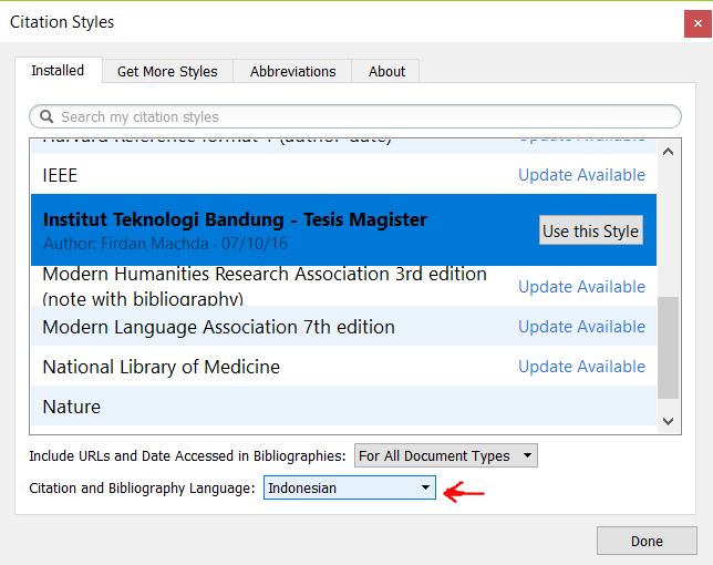 Change Citation and Bibliography language in Mendeley Desktop